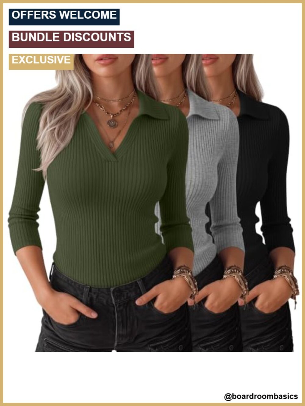 3 Pack Women 3/4 Sleeve Polo Shirts Cotton Spandex V-Neck Slim Fit Knit Tops